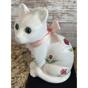Porcelain Elpa Alcobaca Sitting Cat Figurine Hand Painted Floral Portugal Vtg